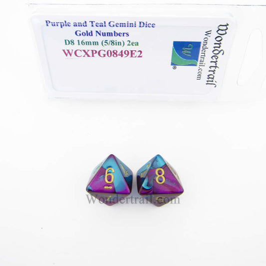 WCXPG0849E2 Purple Teal Gemini Dice Gold Numbers D8 16mm Pack of 2 Main Image