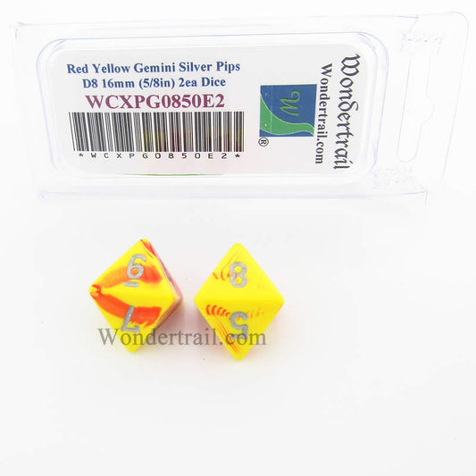 WCXPG0850E2 Red Yellow Gemini Dice Silver Numbers D8 16mm Pack of 2 Main Image