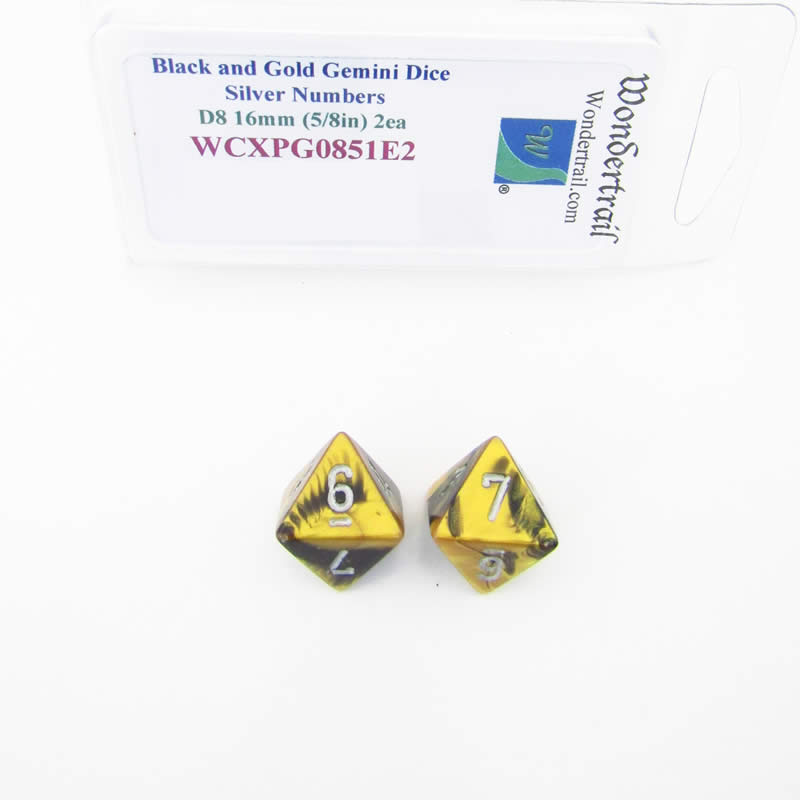 WCXPG0851E2 Black Gold Gemini Dice Silver Numbers D8 16mm Pack of 2 Main Image