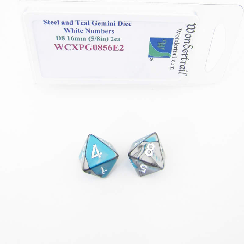 WCXPG0856E2 Steel Teal Gemini Dice White Numbers D8 16mm Pack of 2 Main Image