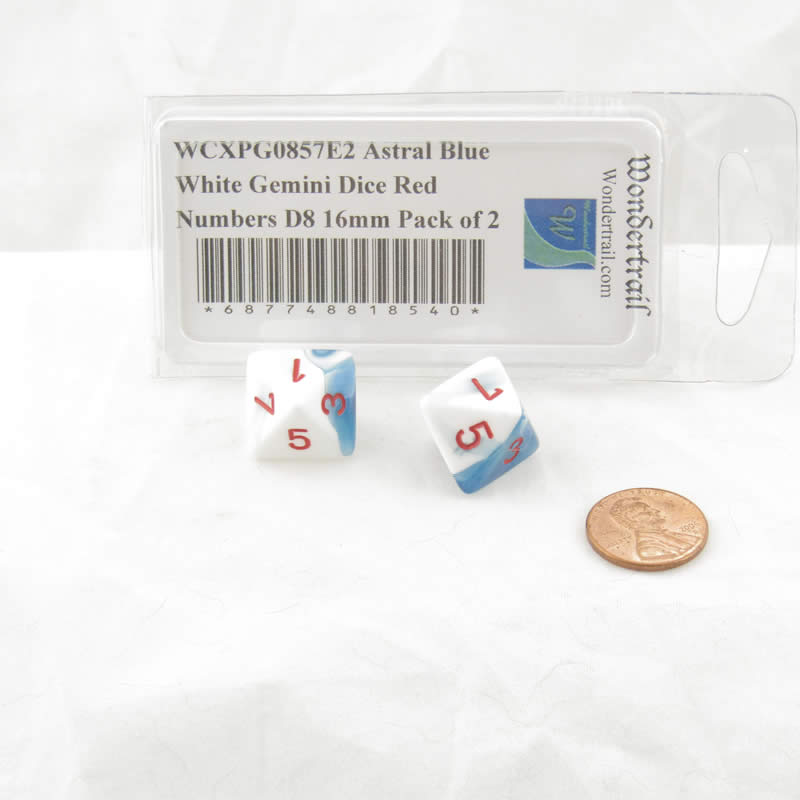 WCXPG0857E2 Astral Blue White Gemini Dice Red Numbers D8 16mm Pack of 2 2nd Image