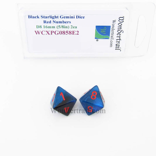 WCXPG0858E2 Black Starlight Gemini Dice Red Numbers D8 16mm Pack of 2 Main Image