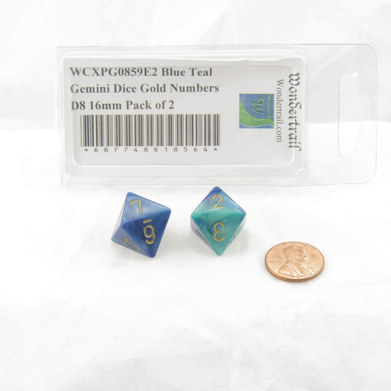 WCXPG0859E2 Blue Teal Gemini Dice Gold Numbers D8 16mm Pack of 2 2nd Image