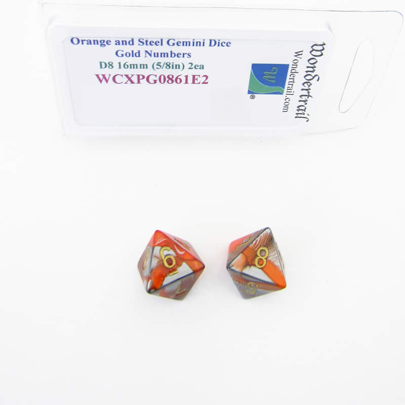 WCXPG0861E2 Orange Steel Gemini Dice Gold Numbers D8 16mm Pack of 2 Main Image