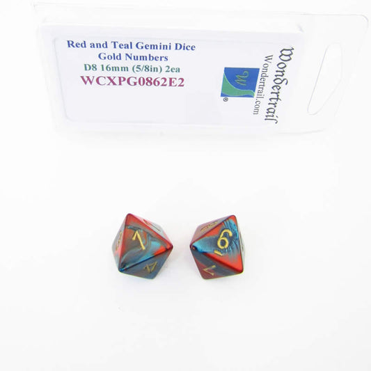 WCXPG0862E2 Red Teal Gemini Dice Gold Numbers D8 16mm Pack of 2 Main Image