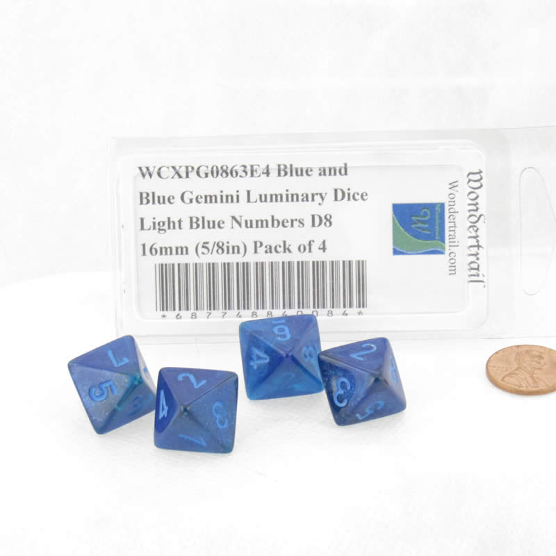 WCXPG0863E4 Blue and Blue Gemini Luminary Dice Light Blue Numbers D8 16mm (5/8in) Pack of 4