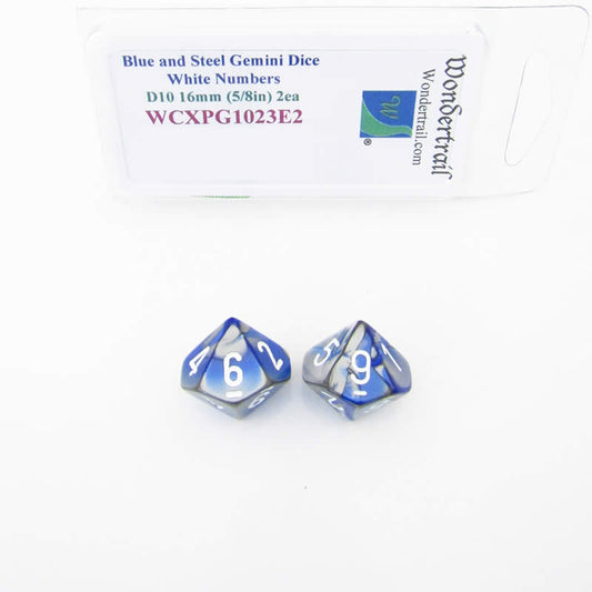 WCXPG1023E2 Blue Steel Gemini Dice White Numbers D10 16mm Pack of 2 Main Image