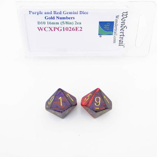 WCXPG1026E2 Purple Red Gemini Dice Gold Numbers D10 16mm Pack of 2 Main Image