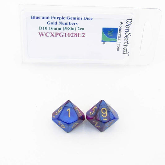 WCXPG1028E2 Blue Purple Gemini Dice Gold Numbers D10 16mm Pack of 2 Main Image