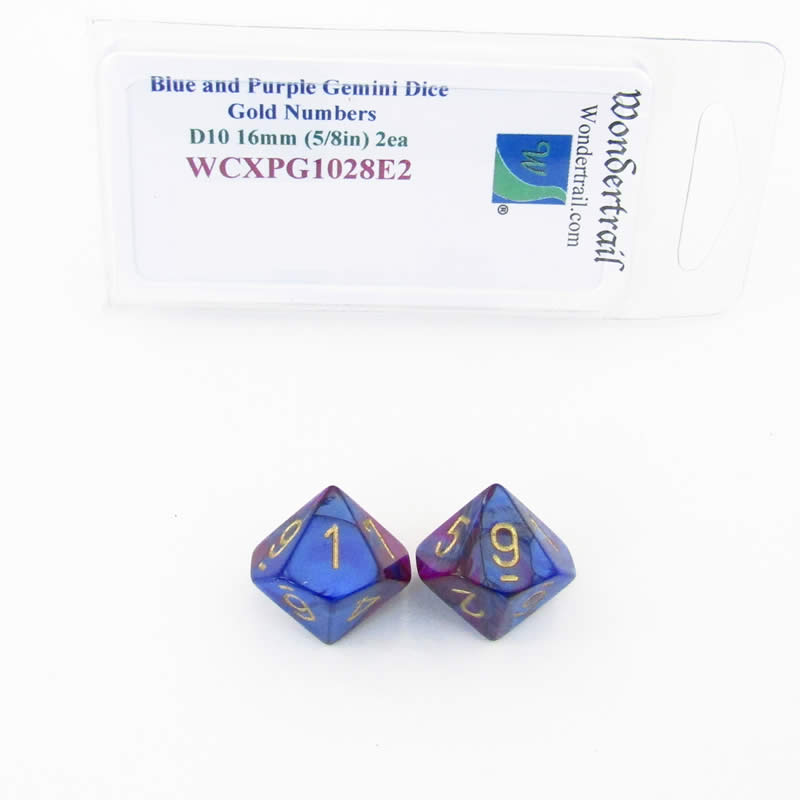 WCXPG1028E2 Blue Purple Gemini Dice Gold Numbers D10 16mm Pack of 2 Main Image