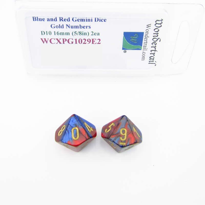 WCXPG1029E2 Blue Red Gemini Dice Gold Numbers D10 16mm Pack of 2 Main Image