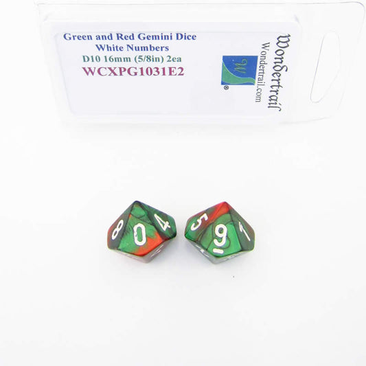 WCXPG1031E2 Green Red Gemini Dice White Numbers D10 16mm Pack of 2 Main Image