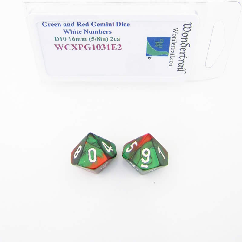 WCXPG1031E2 Green Red Gemini Dice White Numbers D10 16mm Pack of 2 Main Image