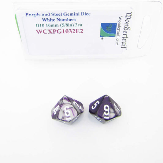 WCXPG1032E2 Purple Steel Gemini Dice White Numbers D10 16mm Pack of 2 Main Image
