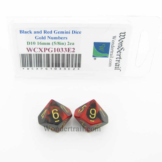 WCXPG1033E2 Black Red Gemini Dice Gold Numbers D10 16mm Pack of 2 Main Image