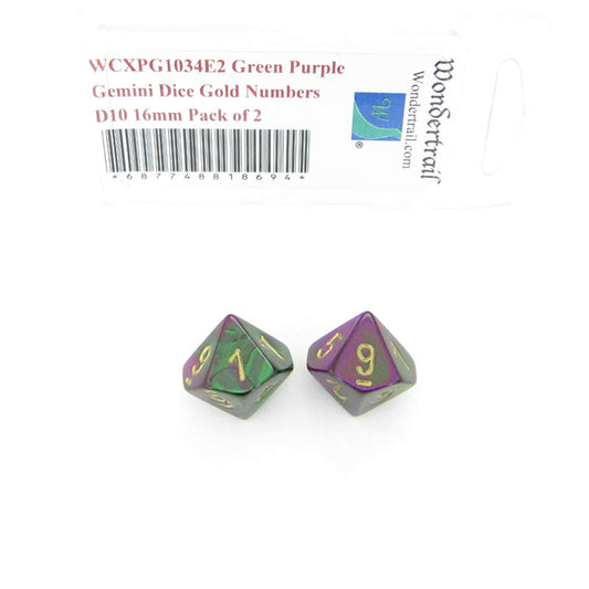 WCXPG1034E2 Green Purple Gemini Dice Gold Numbers D10 16mm Pack of 2 Main Image