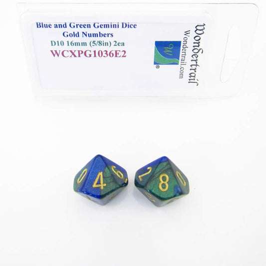 WCXPG1036E2 Blue Green Gemini Dice Gold Numbers D10 16mm Pack of 2 Main Image