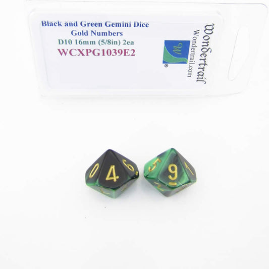 WCXPG1039E2 Black Green Gemini Dice Gold Numbers D10 16mm Pack of 2 Main Image