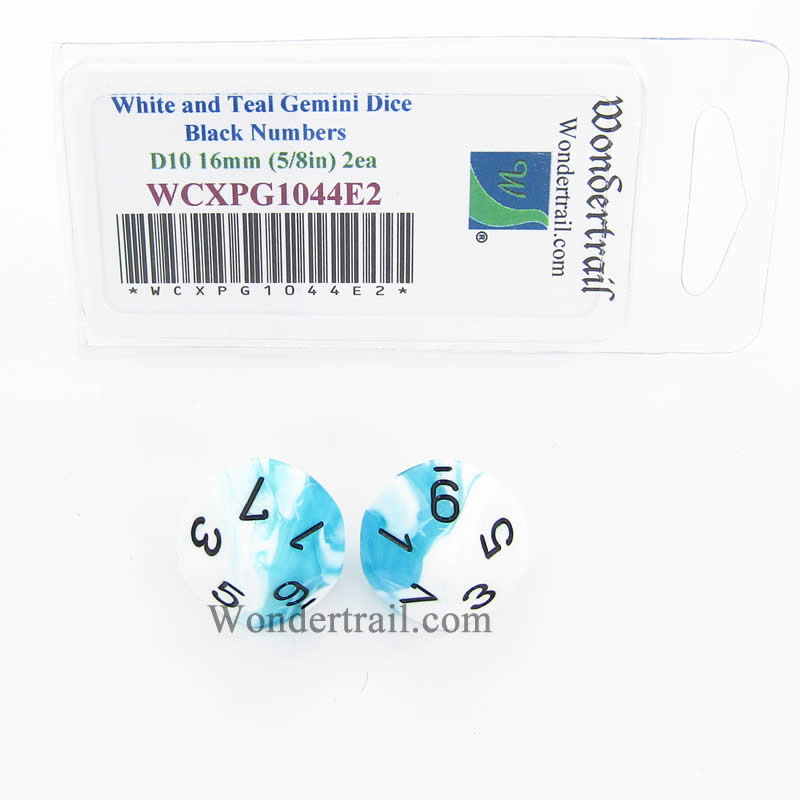 WCXPG1044E2 White Teal Gemini Dice Black Numbers D10 16mm Pack of 2 Main Image