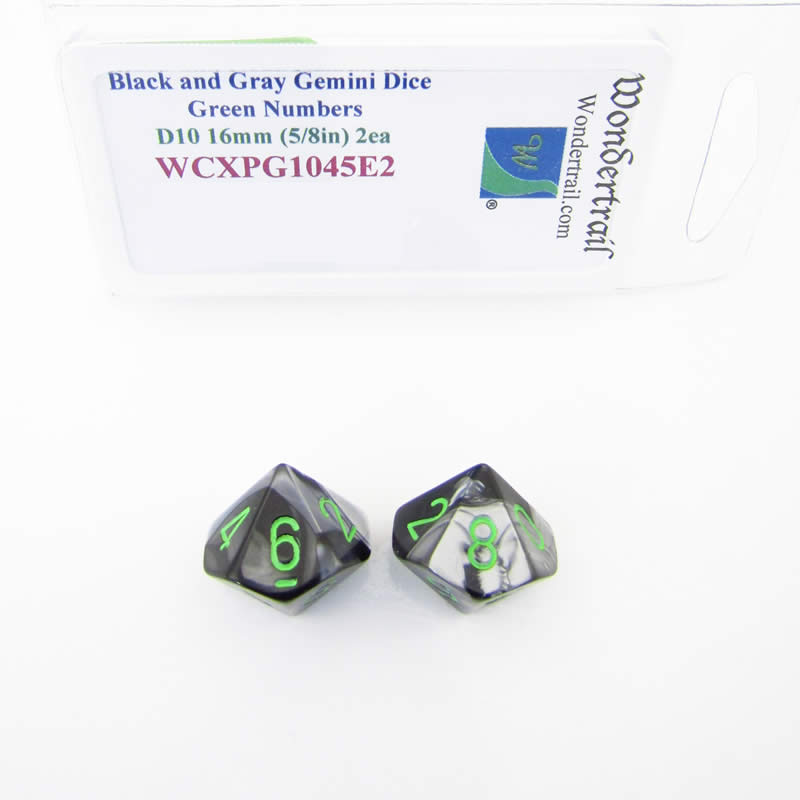 WCXPG1045E2 Black Grey Gemini Dice Green Numbers D10 16mm Pack of 2 Main Image