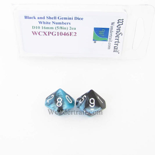 WCXPG1046E2 Black Shell Gemini Dice White Numbers D10 16mm Pack of 2 Main Image