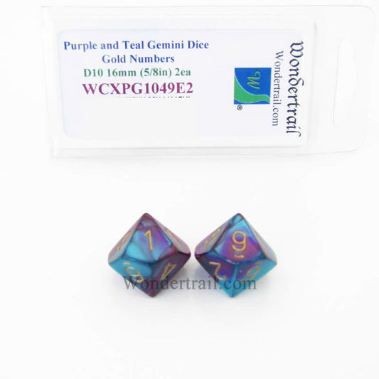 WCXPG1049E2 Purple Teal Gemini Dice Gold Numbers D10 16mm Pack of 2 Main Image