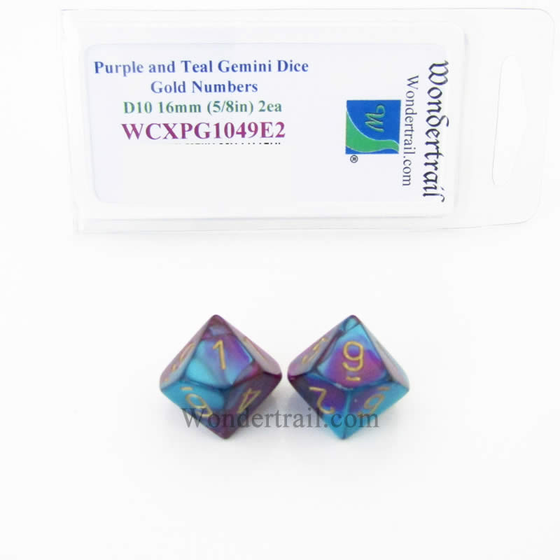 WCXPG1049E2 Purple Teal Gemini Dice Gold Numbers D10 16mm Pack of 2 Main Image