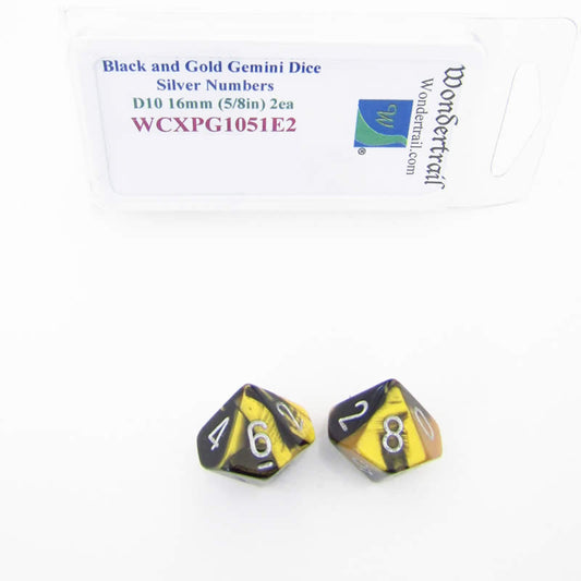 WCXPG1051E2 Black Gold Gemini Dice Silver Numbers D10 16mm Pack of 2 Main Image