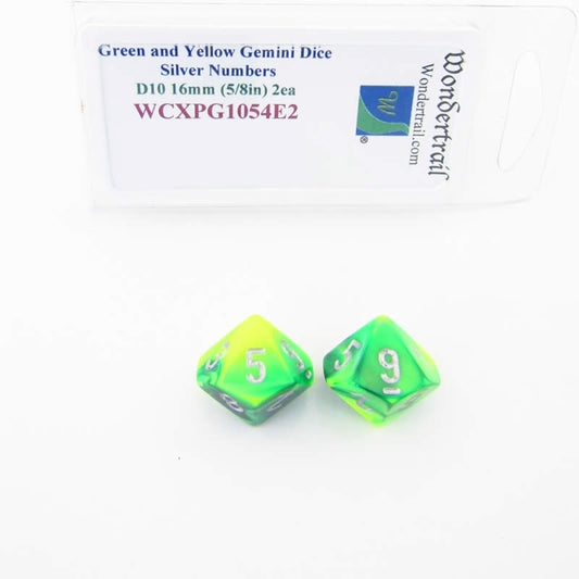 WCXPG1054E2 Green Yellow Gemini Dice Silver Numbers D10 16mm Pack of 2 Main Image