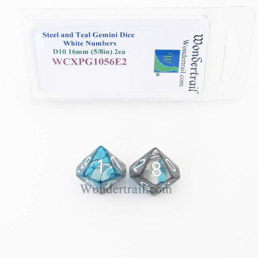 WCXPG1056E2 Steel Teal Gemini Dice White Numbers D10 16mm Pack of 2 Main Image