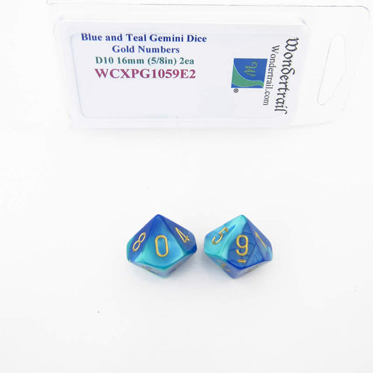 WCXPG1059E2 Blue Teal Gemini Dice Gold Numbers D10 16mm Pack of 2 Main Image