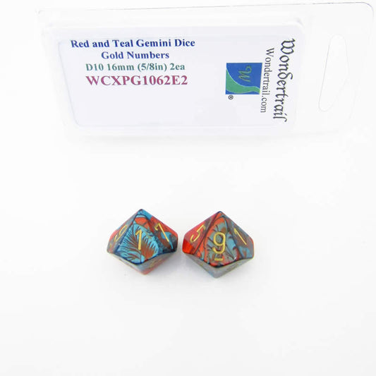 WCXPG1062E2 Red Teal Gemini Dice Gold Numbers D10 16mm Pack of 2 Main Image