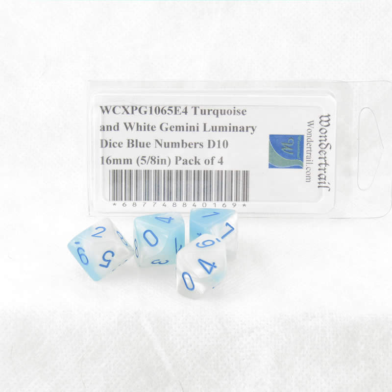 WCXPG1065E4 Turquoise and White Gemini Luminary Dice Blue Numbers D10 16mm (5/8in) Pack of 4