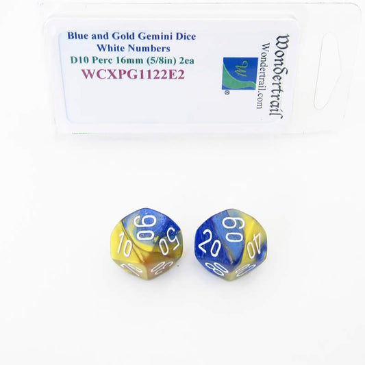 WCXPG1122E2 Blue Gold Gemini Dice White Numbers 10s D10 16mm Pack of 2 Main Image