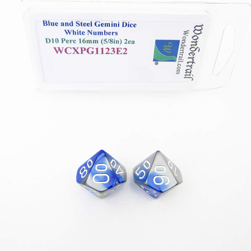 WCXPG1123E2 Blue Steel Gemini Dice White Numbers 10s D10 16mm Pack of 2 Main Image