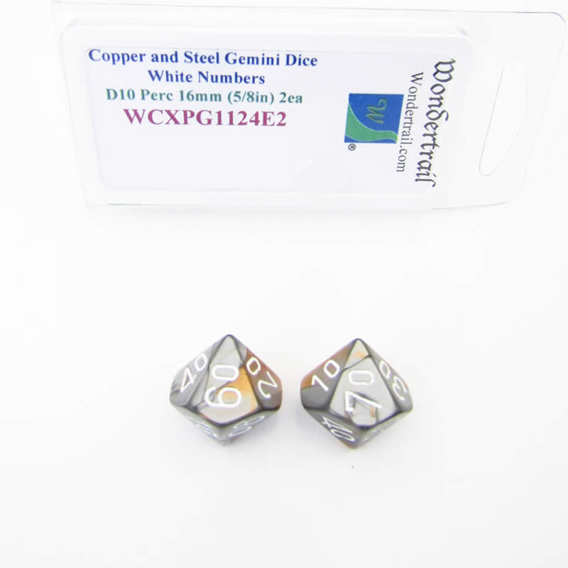 WCXPG1124E2 Copper Steel Gemini Dice White Numbers 10s D10 16mm Pack of 2 Main Image
