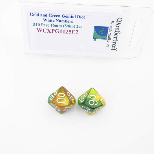 WCXPG1125E2 Gold Green Gemini Dice White Numbers 10s D10 16mm Pack of 2 Main Image