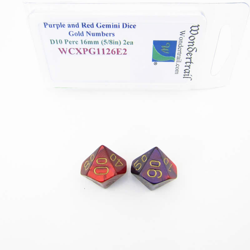 WCXPG1126E2 Purple Red Gemini Dice Gold Numbers 10s D10 16mm Pack of 2 Main Image
