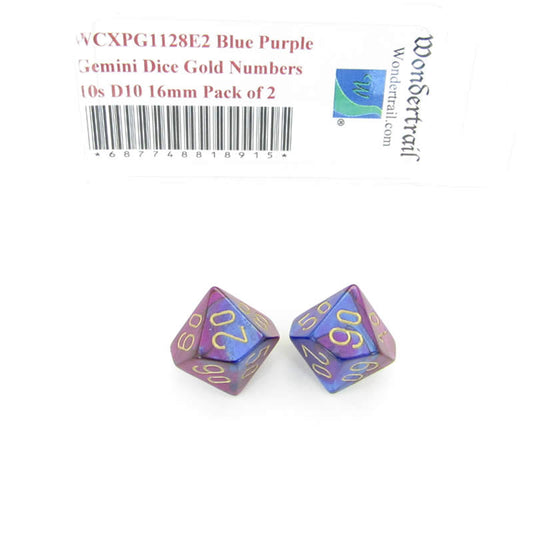 WCXPG1128E2 Blue Purple Gemini Dice Gold Numbers 10s D10 16mm Pack of 2 Main Image