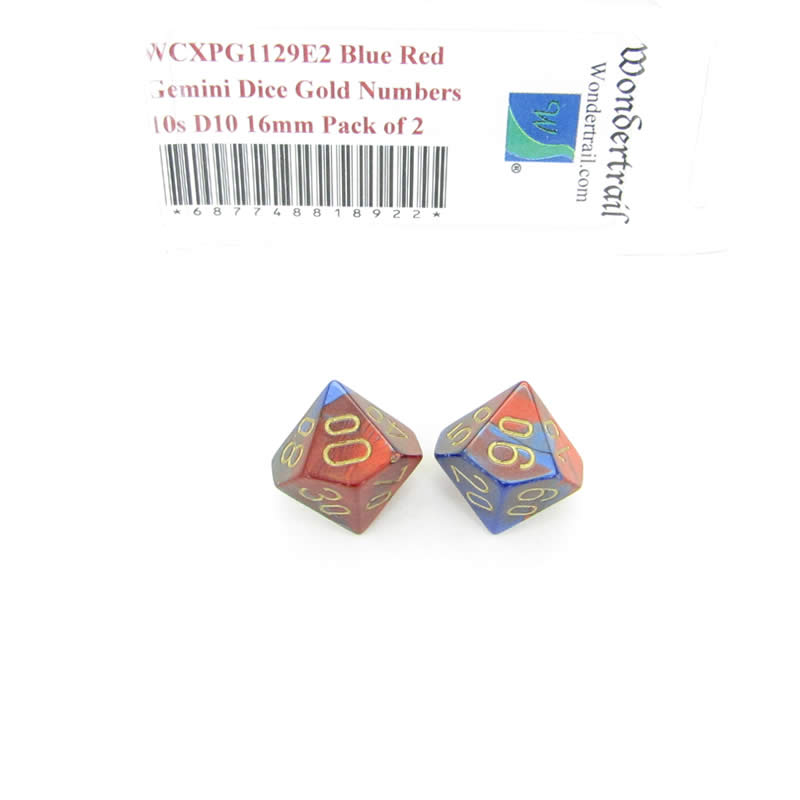 WCXPG1129E2 Blue Red Gemini Dice Gold Numbers 10s D10 16mm Pack of 2 Main Image