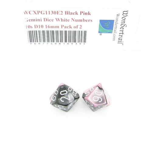 WCXPG1130E2 Black Pink Gemini Dice White Numbers 10s D10 16mm Pack of 2 Main Image