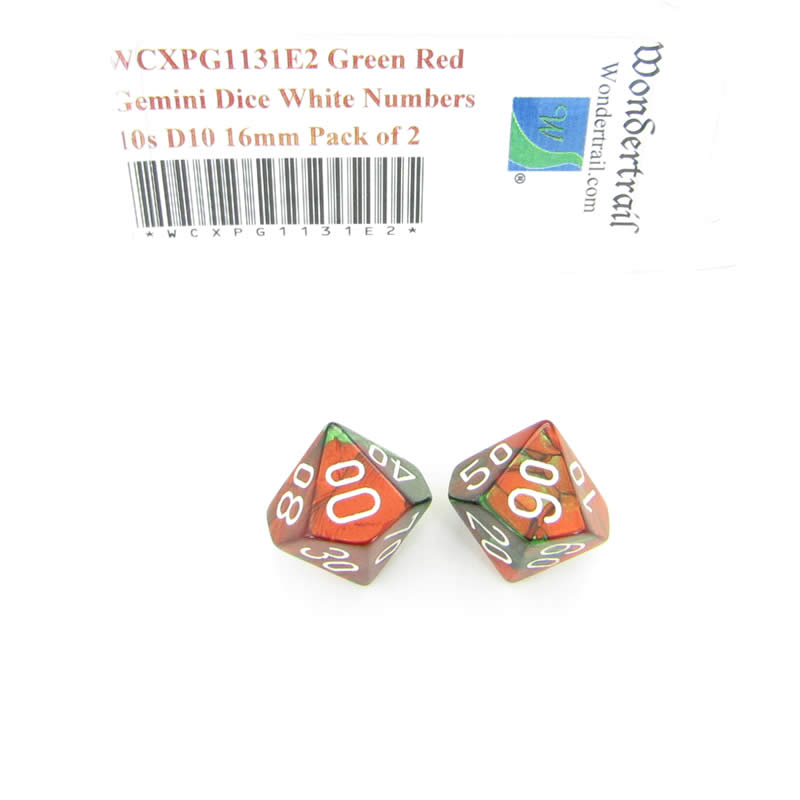 WCXPG1131E2 Green Red Gemini Dice White Numbers 10s D10 16mm Pack of 2 Main Image