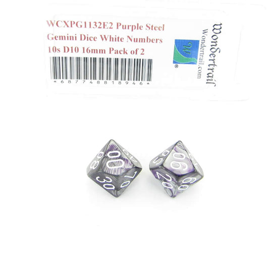 WCXPG1132E2 Purple Steel Gemini Dice White Numbers 10s D10 16mm Pack of 2 Main Image