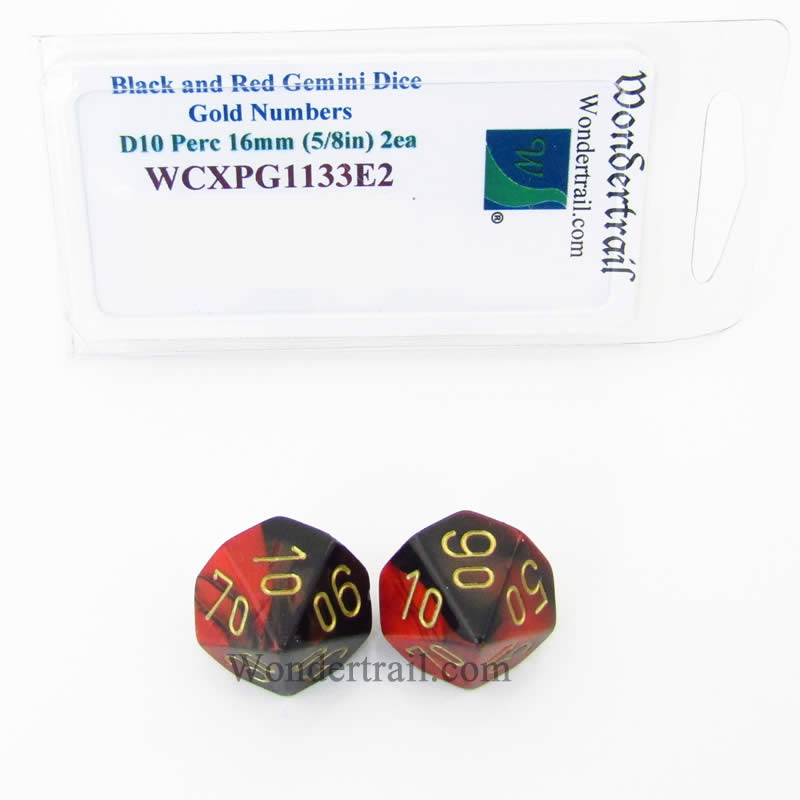 WCXPG1133E2 Black Red Gemini Dice Gold Numbers Perc D10 16mm Pack of 2 Main Image