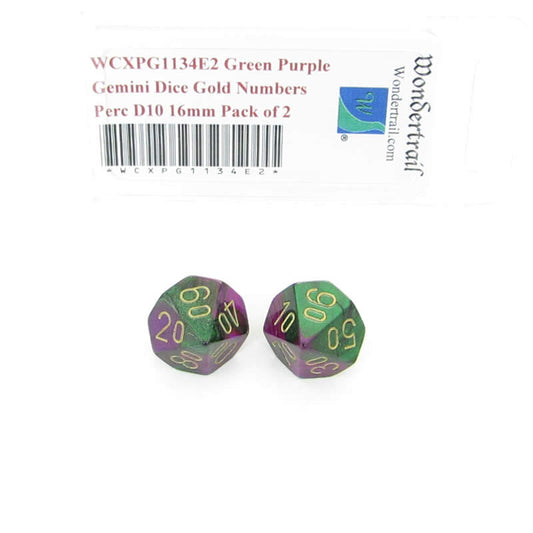 WCXPG1134E2 Green Purple Gemini Dice Gold Numbers Perc D10 16mm Pack of 2 Main Image