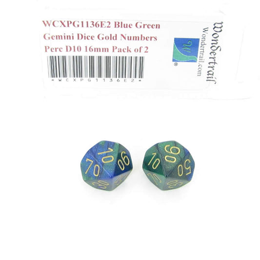 WCXPG1136E2 Blue Green Gemini Dice Gold Numbers Perc D10 16mm Pack of 2 Main Image