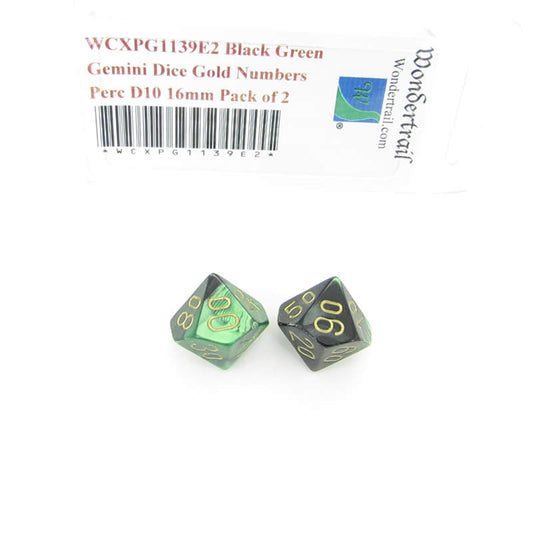 WCXPG1139E2 Black Green Gemini Dice Gold Numbers Perc D10 16mm Pack of 2 Main Image