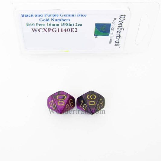 WCXPG1140E2 Black Purple Gemini Dice Gold Numbers Perc D10 16mm Pack of 2 Main Image