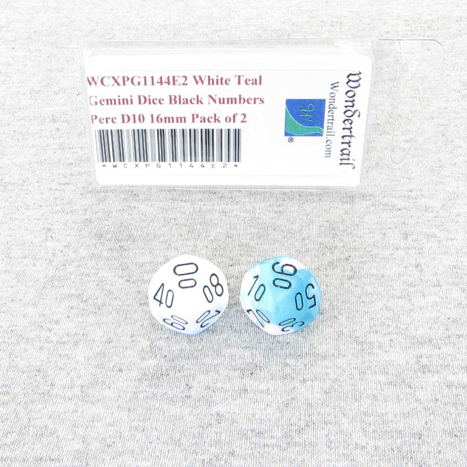 WCXPG1144E2 White Teal Gemini Dice Black Numbers Perc D10 16mm Pack of 2 Main Image