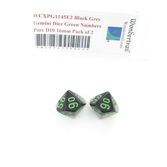 WCXPG1145E2 Black Grey Gemini Dice Green Numbers Perc D10 16mm Pack of 2 Main Image